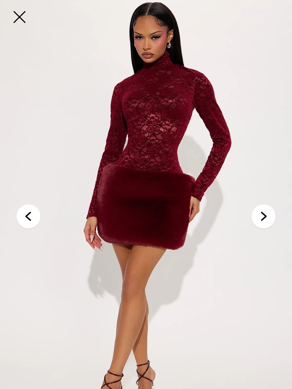 Fashion Nova Burgundy Lace & Faux Fur Mini Dress